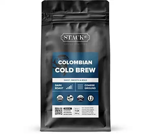 Organic Cold Brew Coffee Coarse Ground 1 LB - Colombian Supremo Reserve Flavor Dark Roast Coarse Grind