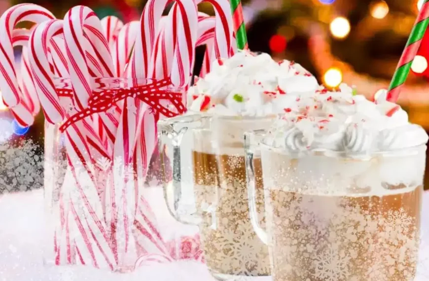 Frosted Candy Cane Vanilla Latte, candy cane coffee, Christmas latte